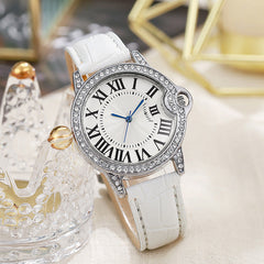 Fashion Diamond-Encrusted Women's Quartz Watch with Leather Strap