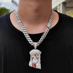 Micro Paved Zircon Jesus Head Hip Hop Men's Pendant Necklace