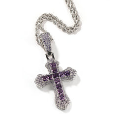 Hip-hop copper-inlaid purple zircon cross necklace