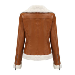 Autumn and winter fleece leather women's warm long-sleeved lapel coat jacket