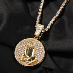 Hip-hop round disc zircon-encrusted praying hands pendant