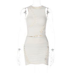Solid Color Hollow Round Neck Sleeveless Top Slim Skirt Set