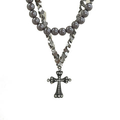 rosary necklace Gray pearl cross necklace