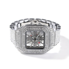 Hip-hop diamond-encrusted hollowed-out square watch