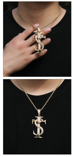 Hip-hop colored zircon TS cross necklace