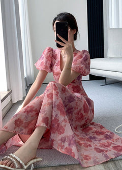 BSummer V-neck Slim Waist Floral Printed Ladies Dress Elegant Puff Sleeve A-line Vestidos