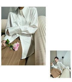 Big Pointed Collar White Blouses For Women Vintage Loose Long Sleeve Shirt