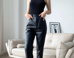 Loose Pockets Women PU Leather Trousers High Waist Single Button Ladies Straight Pants