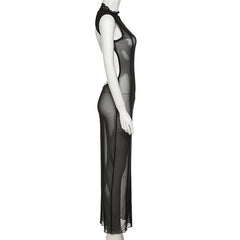 Mesh O Neck Long Sleeves Backless Lace Up See Through Sexy Bodycon Maxi Dress