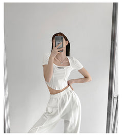 Curved Crop Tops Women Summer Square Collar Short Sleeve T-Shirt Fashion Slim Woman