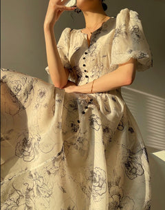 Vintage O-neck Single-breasted Summer Puff Sleeve Slim Women A-line Dress vestidos femme