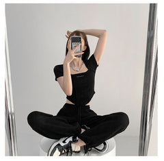 Curved Crop Tops Women Summer Square Collar Short Sleeve T-Shirt Fashion Slim Woman