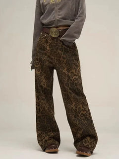 Leopard Print Y2k Jeans Women Oversized Wide Leg Denim Trousers Streetwear