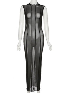 Mesh O Neck Long Sleeves Backless Lace Up See Through Sexy Bodycon Maxi Dress