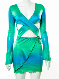 Sexy Tie Dye Bodycon Mini Dress Women Hollow Out Long Sleeve Mesh Skinny Summer 2022