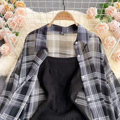 Summer Women Two Piece Set Plaid Long Sleeve Sunscreen Shirt+A-line Knitting Slip Dress
