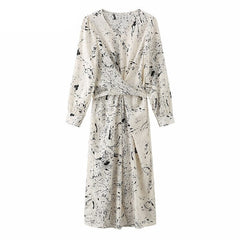 V-neck Long Sleeve Printed Dress Slim Waist Lace-up Split Midi Dress vestidos