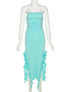 Elegant Strapless Dress Women Irregular Tassel Skinny Split Maxi Bodycon