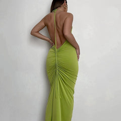 Halter Bandage Sleeveless Backless Shirring Draped Maxi Dress Sexy Streetwear