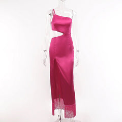 Elegant Women Diagonal Tassels Long Slip Party Dresses Sexy Off Shoulder Hollow Out Dress