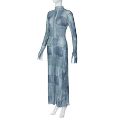 Mesh O Neck Long Flare Sleeve Print Slit Vintage Sexy Bodycon Maxi Dress