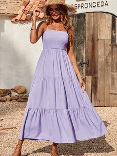 Spaghetti Strap Maxi Dress Women Summer Sleeveless Smocked Boho Long Beach Dress Sundresses
