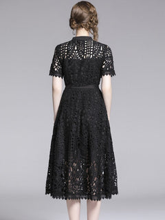 Lace Hollow Out Stand Collar Short Sleeve Dress High Waist Mid-calf Dress