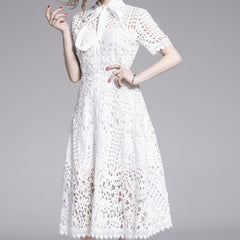 Lace Hollow Out Stand Collar Short Sleeve Dress High Waist Mid-calf Dress