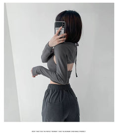 Y2K T-shirt Two Piece Women Long Sleeve Smock+Knitted Halterneck Camis Skinny Cropped Tops Woman