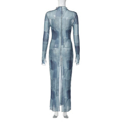 Mesh O Neck Long Flare Sleeve Print Slit Vintage Sexy Bodycon Maxi Dress