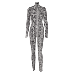 Snake Print Turtleneck Long Sleeve Zip Up Sexy Bodycon Jumpsuit Streetwear