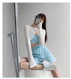 Hollow Smock T Shirt Women Summer Thin Irregular Long Sleeve Knitted