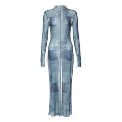 Mesh O Neck Long Flare Sleeve Print Slit Vintage Sexy Bodycon Maxi Dress