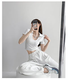 Y2K Tops Women U-shaped Lapel Short Sleeve Tees Summer High Waist Thread Crop Top