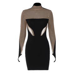 Long Sleeve Patchwork Mesh See Through Sexy Bodycon Mini Dress Evening Clothes