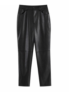 Loose Pockets Women PU Leather Trousers High Waist Single Button Ladies Straight Pants