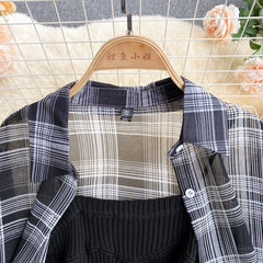 Summer Women Two Piece Set Plaid Long Sleeve Sunscreen Shirt+A-line Knitting Slip Dress