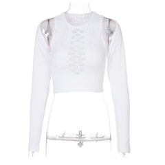 Long Sleeves Solid Hollow Out Bandage Sexy Tube Crop Top Summer Autumn Women