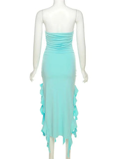 Elegant Strapless Dress Women Irregular Tassel Skinny Split Maxi Bodycon