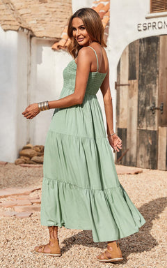 Spaghetti Strap Maxi Dress Women Summer Sleeveless Smocked Boho Long Beach Dress Sundresses
