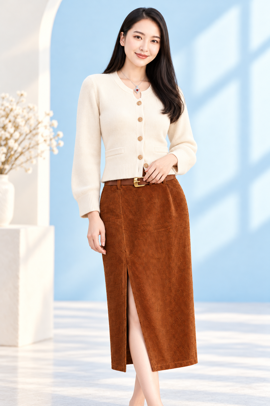 AI-styled model in ivory cardigan and brown corduroy skirt with a silver red-heart necklace, framed to lower calf