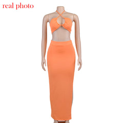 Cryptographic Bandage Cut Out Sexy Halter Neck Top and Skirts Set Gathered Elegant