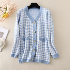 V-neck Striped Cardigans Sweaters Long Sleeve Loose Knitted Open Stitch Outwear