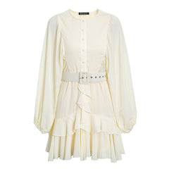 Belt plaid batwing long sleeve women dress summer Office ruffle shirt mini  A-line dress