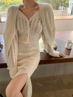 Women Hollow Sweater Cardigan Outerwear V Neck Button Knitted Tops Jackets