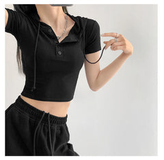 Fashion Hooded T-shirts Women Summer Tight Short Sleeve Y2k Tees Gray Crop Tops Female