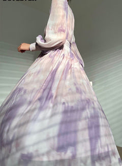Printed Dress V-neck Long Sleeve Single-breasted Women A-line Dress vestidos
