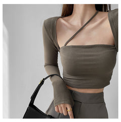Cropped Tops Women Square Collar Slanted Shoulder Straps Halter Neck Long Sleeve T-shirt