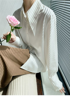 Big Pointed Collar White Blouses For Women Vintage Loose Long Sleeve Shirt