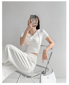 Fashion Hooded T-shirts Women Summer Tight Short Sleeve Y2k Tees Gray Crop Tops Female